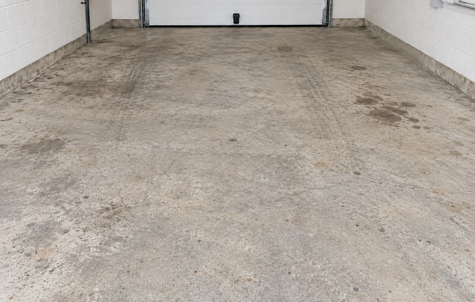 Domestic garage floor before renovation, showing dusty cracked and stained concrete