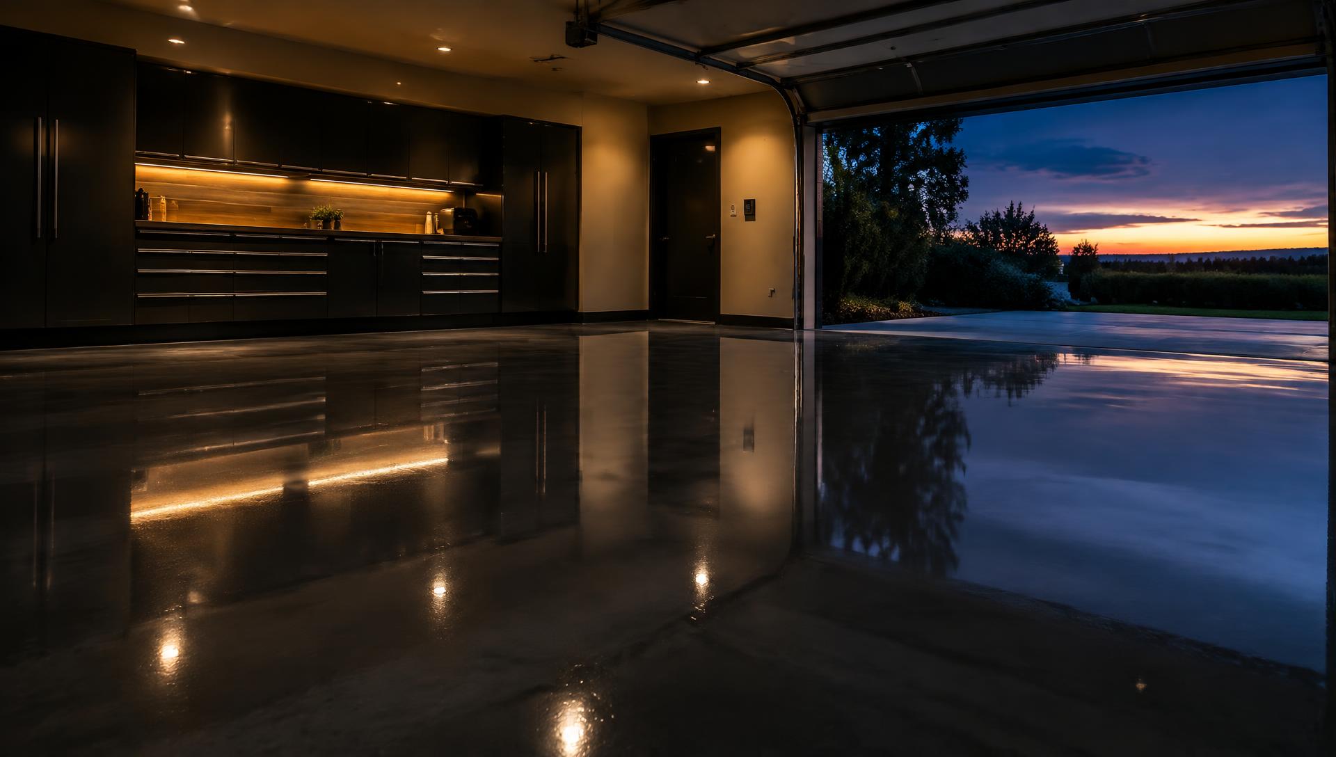 Premium finished garage floor with a deep gloss charcoal coating